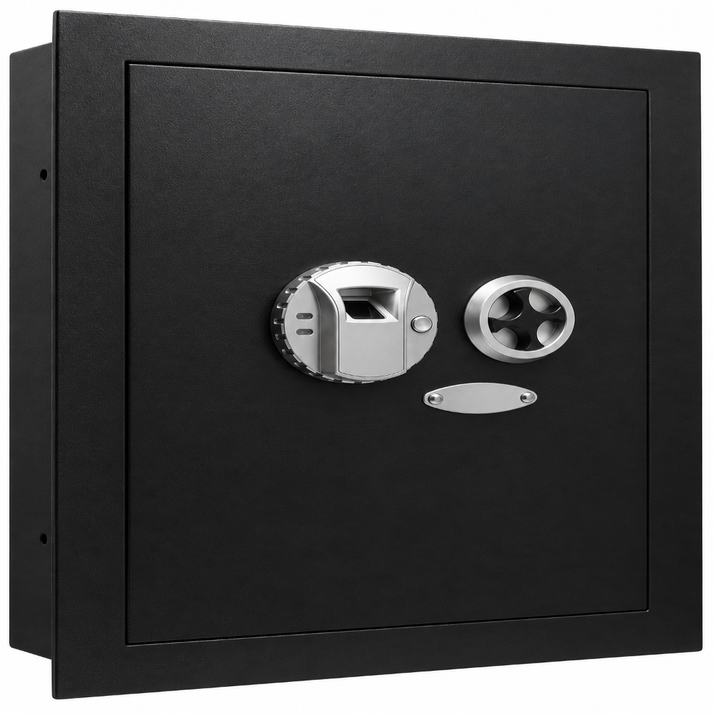 Biometric Fingerprint Wall Safe with Adjustable Shelves – Steel Security Safe with Pry-Resistant Deadbolts, Mountable for Home, Office, and Business Use - in Wall Safe - Hidden Safe Cabinet