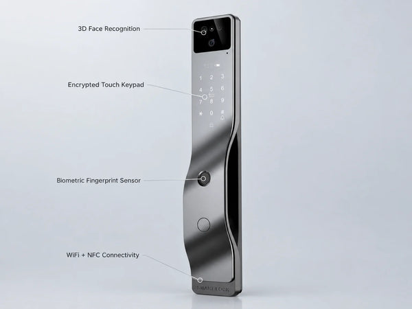 Smart Door Lock 3D Face Recognition Smart Home Door Lock Wifi NFC Digital Electronic Lock Wifi Camera Rfid Card Works ,Long Lasting — Feature Infographic